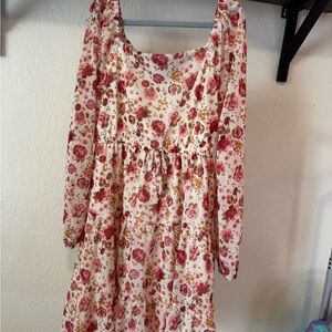 Three Hearts Floral Long Sleeve Dress - Red and Brown